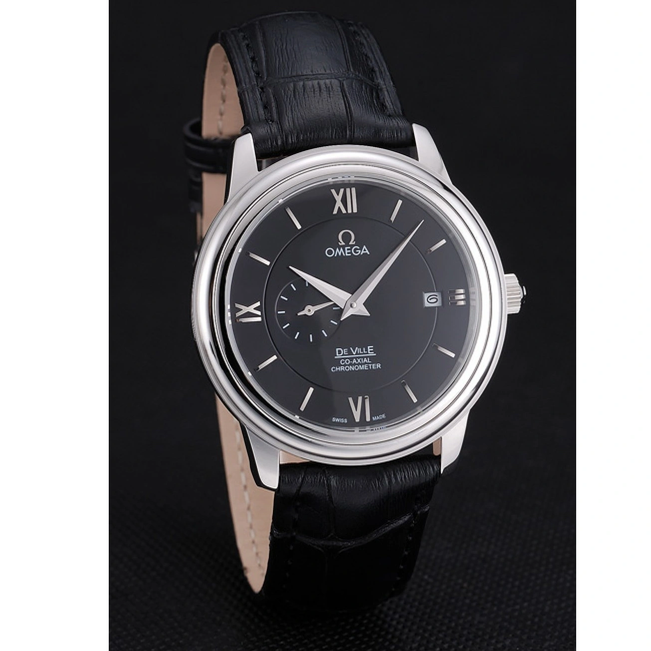 1015 Omega De Ville Prestige Co-Axial Black Dial Silver Case Black Leather Strap Roman Numeral